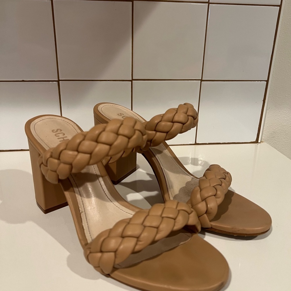 SCHUTZ Women's Tan Camel Open Toe Block Heel Shoes Size 8 EUC